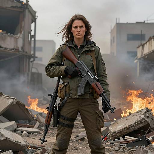 Woman with Rifle in War-Torn City