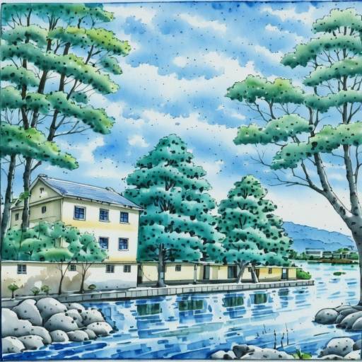 Watercolor Landscape with House and Trees