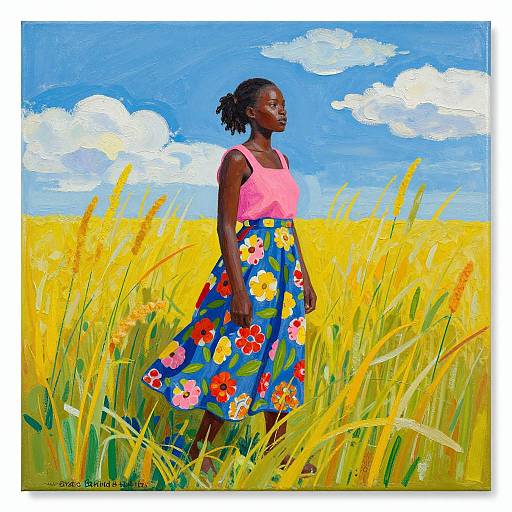 Vibrant painting of a dark-skinned woman in a pink top and colorful floral skirt, standing in a bright yellow wheat field under a blue sky
