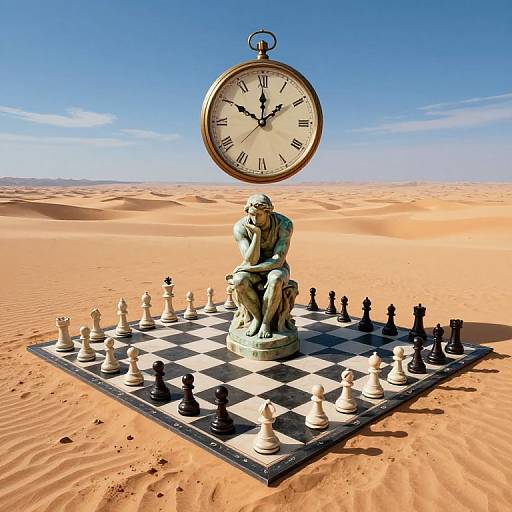 Photograph of a chessboard with black and white pieces, a clock hovering above, and a contemplative statue of a man sitting in a desert with