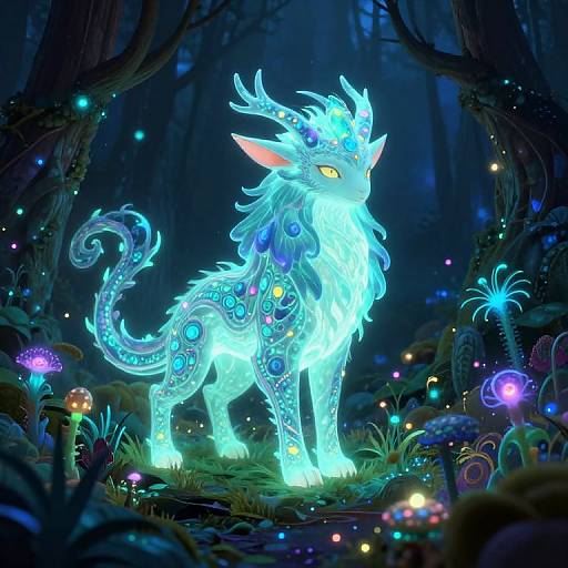 Digital fantasy artwork of a glowing, ethereal, blue and neon-lit mythical creature with intricate patterns, standing in a magical, dark forest surrounded by
