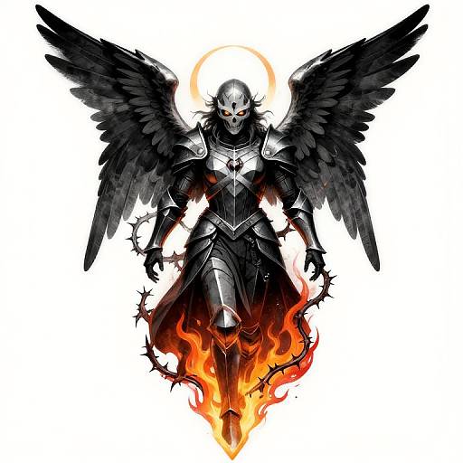 Digital illustration of a dark armored angel with black wings, glowing red eyes, and a halo, surrounded by fiery flames, against a white background.