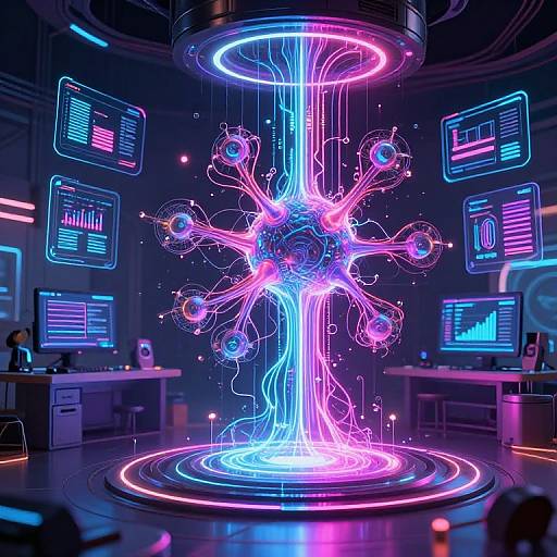 Neon-lit, futuristic lab with glowing, DNA-like central structure and holographic screens. Vibrant pink, blue, and purple lights illuminate the