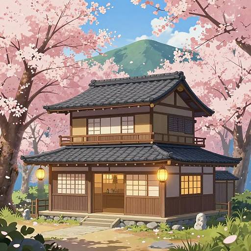 Anime Hut Amid Cherry Blossoms