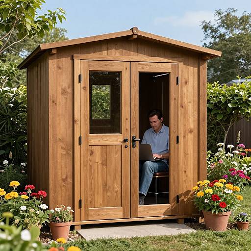 Photograph of a man in a blue shirt working on a laptop inside a wooden garden shed, surrounded by colorful flower pots and lush greenery.