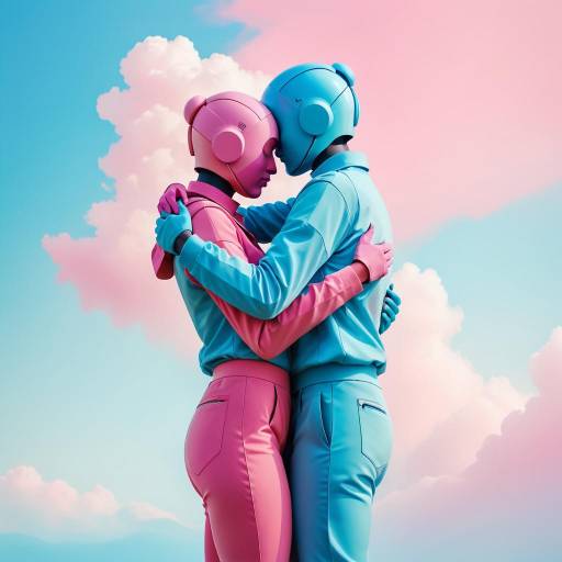 Futuristic Couple Embracing in Colorful Robotic Suits