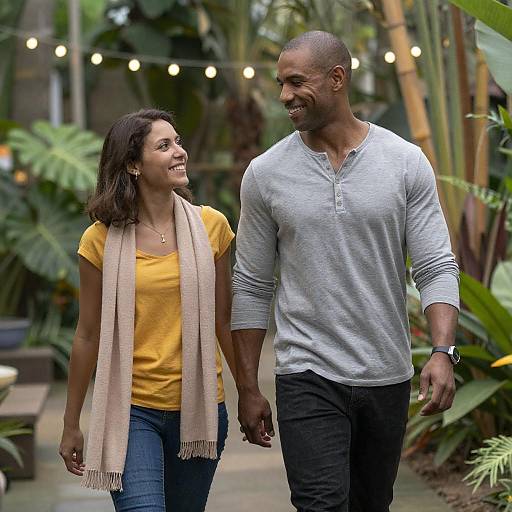 Photograph of a smiling Black couple holding hands in a lush, tropical garden; she wears a yellow top and beige scarf, he in a gray hen