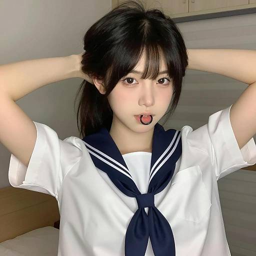 Casual Asian Woman in Sailor Top