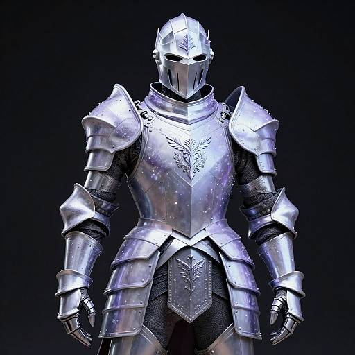 Photorealistic CGI of a silver, medieval knight in full plate armor with a helmet, featuring a detailed emblem on the chest, standing against a black
