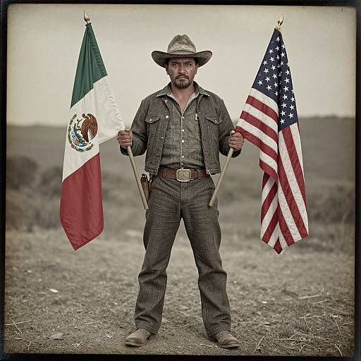 Photograph of a bearded man in cowboy attire, holding Mexican and American flags, standing on a barren, desert-like landscape.