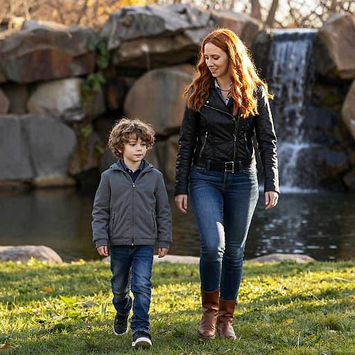 Photograph of a red-haired woman in a black jacket and blue jeans, walking beside a curly-haired boy in a gray jacket, by a small waterfall
