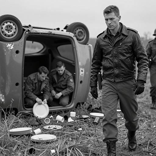 Serious Soldier Walking Near Overturned Car
