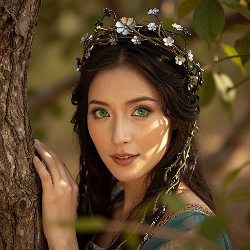 Photograph of a fair-skinned woman with green eyes, wearing a floral crown, leaning against a tree in a sunlit forest.