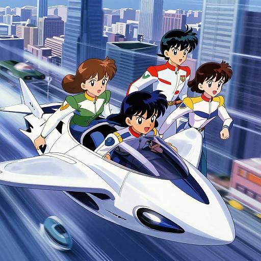 Anime-style illustration of four children riding a futuristic white jet bike through a bustling, blue-tinted cityscape with tall skyscrapers.
