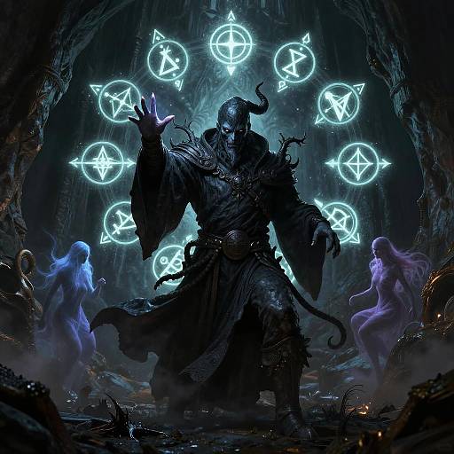 Dark fantasy artwork: Horned, shadowy figure with glowing blue pentagram and pentagon spells, surrounded by ethereal, ghostly figures in a