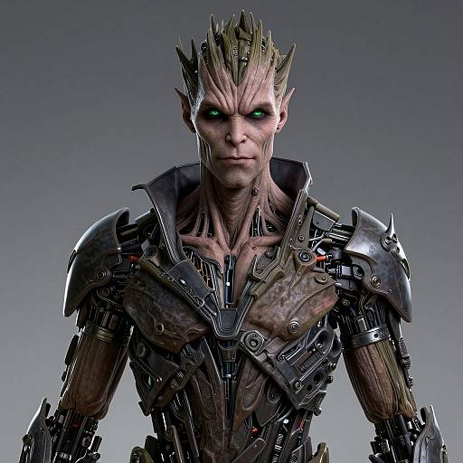 CGI image of a cybernetic, humanoid creature with spiky, metallic hair, glowing green eyes, and intricate, armored chest plates against a