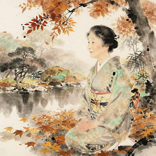 Elderly Japanese Lady in Zen Garden