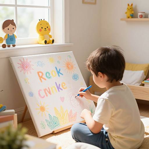 Photograph of a young boy with short brown hair, wearing a white shirt, coloring a bright 