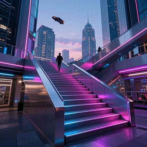 Neon-lit urban scene: Silhouetted figure on illuminated staircase, flying car above, tall skyscrapers at sunset, vibrant pink and