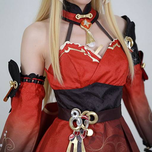 Photograph of a blonde cosplayer in a red and black, strapless, frilled dress with gold accessories and black arm sleeves.