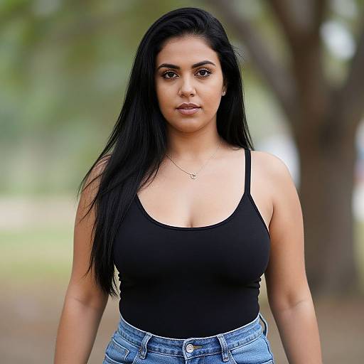 Photograph of a confident South Asian woman with long black hair, wearing a black tank top and blue jeans, standing outdoors with a blurred green and brown