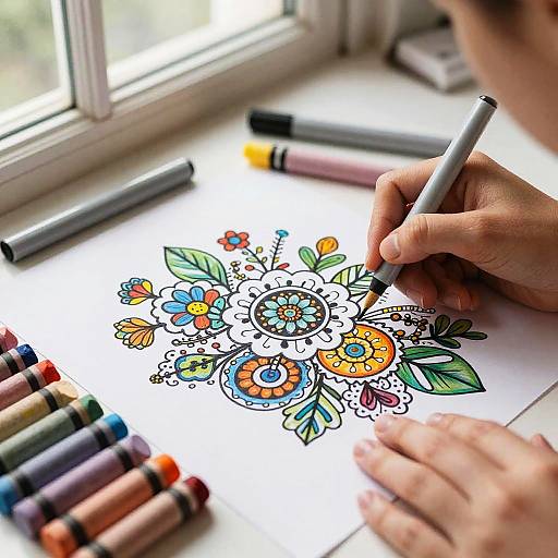 Photograph of hands drawing vibrant, colorful floral mandala with markers on white paper by a sunlit window, with markers scattered around.