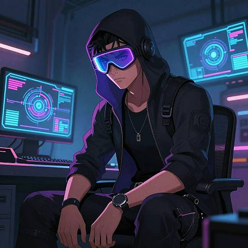 Cyberpunk-style digital illustration of a hoodie-wearing man with neon blue visor, headphones, and wristwatch, sitting in a dimly lit