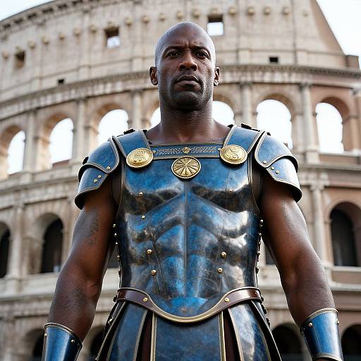 Photograph of a bald Black man with a muscular build, wearing shiny blue Roman-style armor with gold accents, standing in front of the Colosse