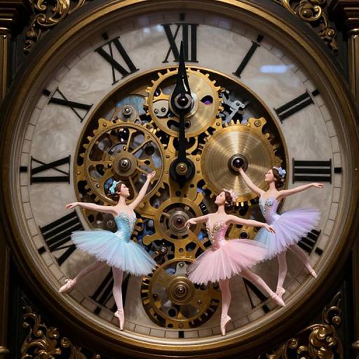 Photograph of three ballerinas in pastel tutus, en pointe, inside a vintage clock with intricate gears and Roman numerals.