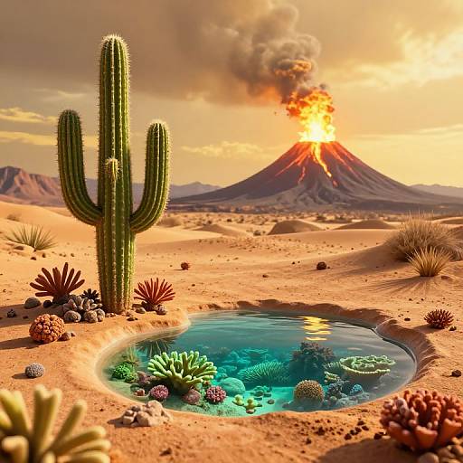 Photorealistic digital art: Desert sunset with erupting volcano, cactus near turquoise pond filled with colorful coral, scattered desert plants, and orange sky
