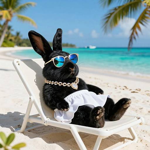 Photograph of a black bunny wearing blue sunglasses, gold chain, and white frilled shorts, lounging on a white beach chair on a sunny tropical