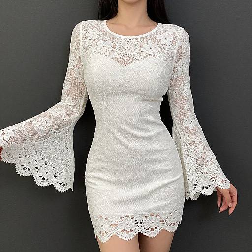 Photograph of a woman wearing a tight, white, lace long-sleeve mini dress with flared sleeves, standing against a dark background.