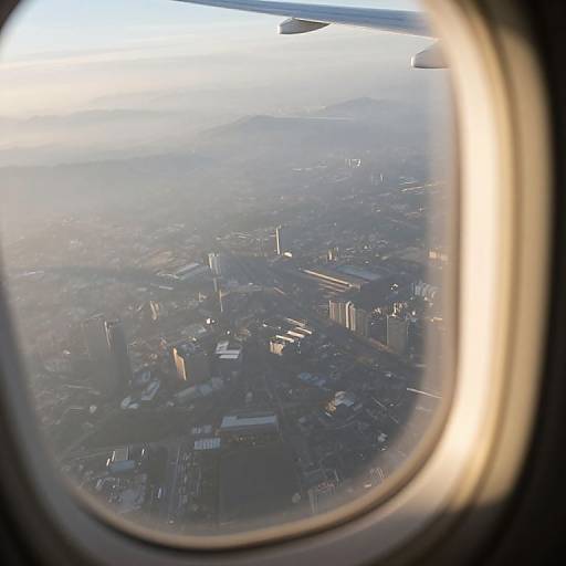 Aerial photograph through airplane window: cityscape below with scattered buildings, tall structures, and distant mountains under a hazy sky.