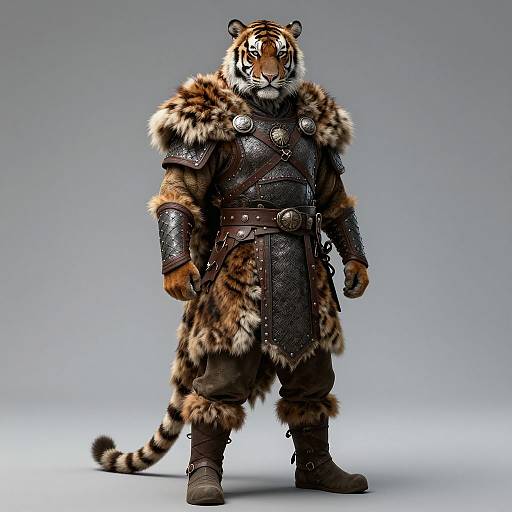 CGI image of a muscular anthropomorphic tiger warrior, wearing dark leather armor with metal studs, fur trim, and boots, standing against a gradient gray
