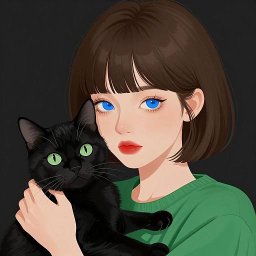 Pale Woman with Black Cat Illustration