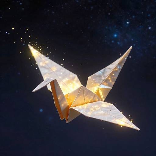 Glowing, illuminated paper airplane soaring through a starry night sky, emitting bright sparks from its edges, creating a magical, celestial effect.