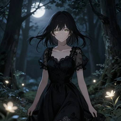 Digital anime-style illustration of a young woman with glowing yellow eyes, wearing a black lace dress, standing in a moonlit forest with glowing fireflies and