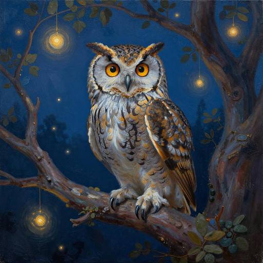 Dreamlike Owl Amidst Mystical Orbs