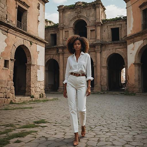 Stylish Woman Walking in Historic Town Square