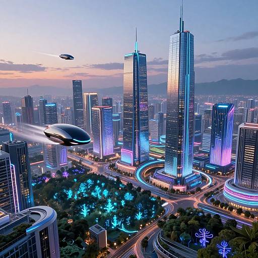 Futuristic cityscape at dusk with glowing skyscrapers, flying saucers, and neon-lit roads. Blue and purple lights illuminate towering