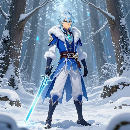 Digital anime-style drawing of a blue-haired male warrior in a snowy forest, wearing a fur-trimmed blue coat, white pants, black gloves,