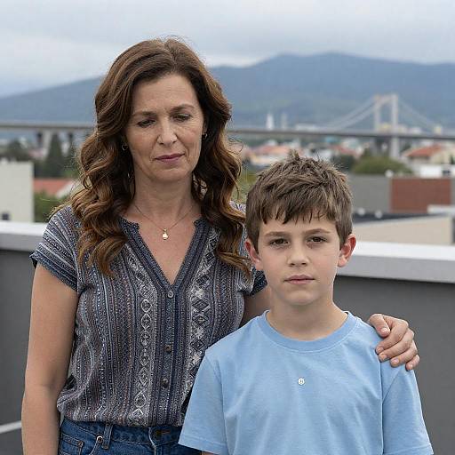 Mother and Son on Rooftop with Cityscape