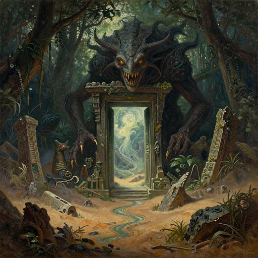Fantasy digital painting: Dark, monstrous creature with sharp teeth and glowing eyes emerges from ancient, ruined doorway in dense, mysterious forest.