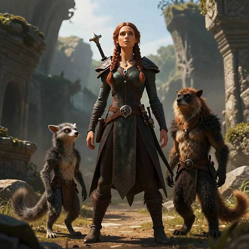 CGI fantasy image of a red-haired woman in dark armor standing between two anthropomorphic raccoons, ruins and sunlight in background.