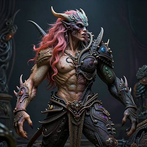 Photorealistic digital art: muscular, horned demon warrior with red hair, intricate metallic armor, blue gem, and spiked pauldrons, standing