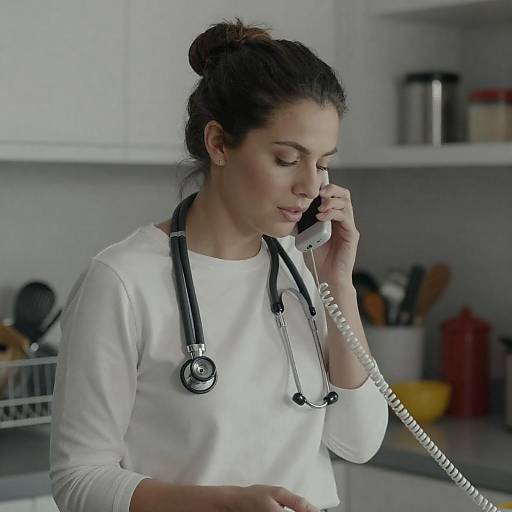 Nurse on Corded Phone in Kitchen