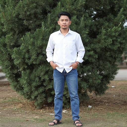 Photograph of a young Asian man with short black hair, wearing a white button-up shirt, blue jeans, and sandals, standing in front of a