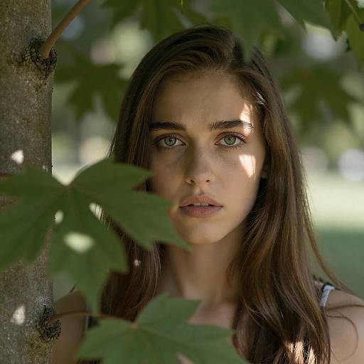 Young woman with green eyes behind tree leaves