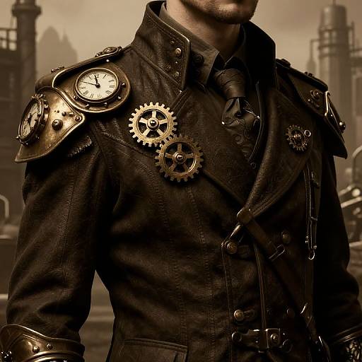 Steampunk soldier in dark, textured jacket adorned with brass gears, clock, and shoulder armor; sepia-toned industrial background. Photographic style