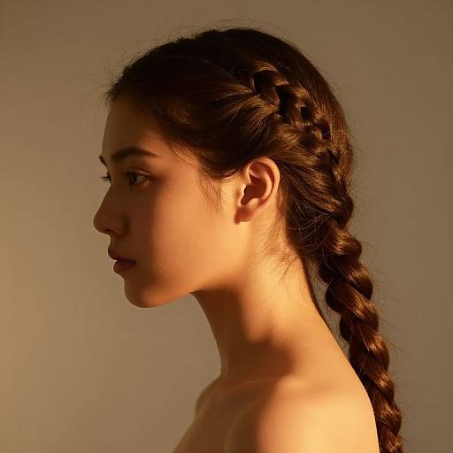Photograph of a young woman in profile, with long, dark brown braided hair, and a light, neutral background. Warm lighting highlights her smooth